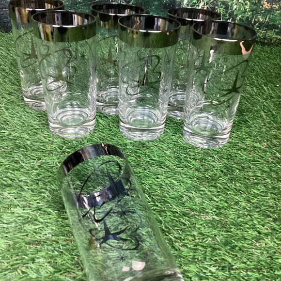 Vintage Atomic Highball Glasses with Silver Star and Streamer Design - Picture 6 of 9
